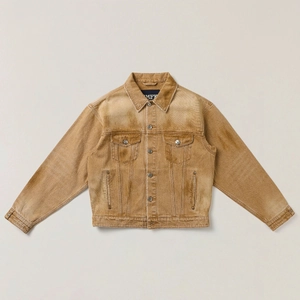Brown washed distressed denim jacket with vintage finish in flat lay view