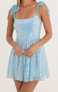 Sparkly light blue sequin mini dress with sheer ribbon bow straps and A-line waist