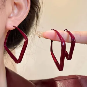 Retro wine red oversized geometric diamond earrings with a glossy high-shine finish
