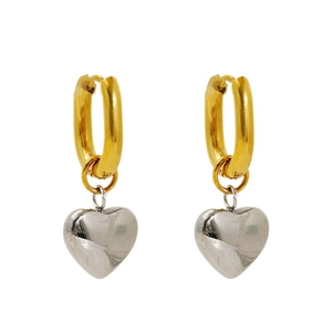 Chic 18K gold-plated hoop earrings featuring a silver heart pendant on white background