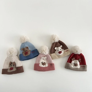 Baby Toddler Knit Woolen Hat And Scarf Winter Warm Ear Protection Cartoon Animal Patch Pom Pom For Kids