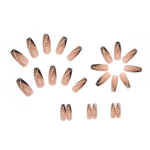 Long coffin press-on nails with khaki gradient, French geometric lines and brown accents