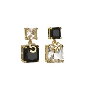 Asymmetric gold earrings with black and white crystals featuring number 5 and clover