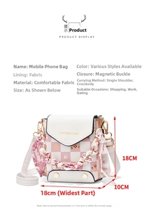 Detail view of pink plaid phone bag with silk scarf handle and magnetic snap closure