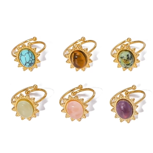 Set of 6 vintage gold stainless steel sunburst rings with oval natural stones