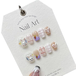 Handmade 3D rabbit and carrot press-on nails set with cute pastel heart patterns
