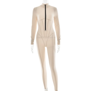 Sexy beige long sleeve bodysuit with front zipper and high collar on white background