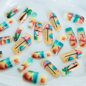 24pcs Summer Beach Press-on Nails with Tropical Palm Trees and Shell Designs