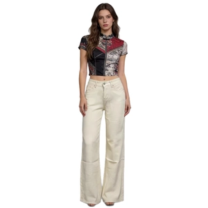 Pantalon large à taille haute blanc cassé pour femme avec haut zippé imprimé