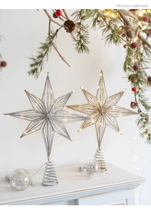 Detail of lit gold and silver star tree toppers with LED lights on a festive shelf