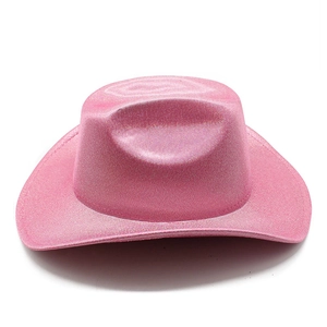 Macro detail of high-density pink glitter surface on the wide-brimmed cowboy hat