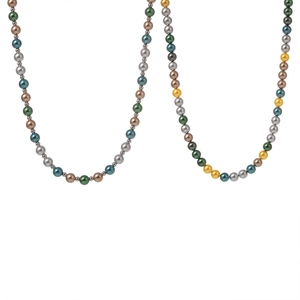 Luxurious multi-colored pearl necklace strand featuring gold, blue and green beads