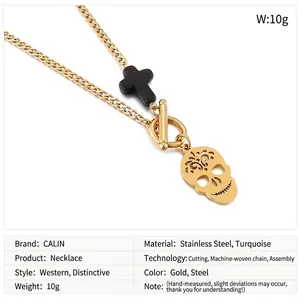 Detailed specs of stainless steel skull cross necklace with OT clasp and turquoise beads
