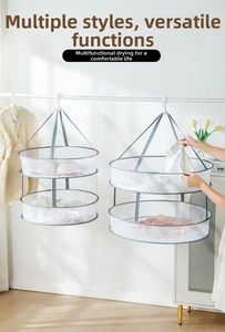 Detail of grey double-tier drying net with breathable mesh and windproof hook for clothes