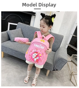 Pink unicorn kids backpack set with matching star pattern pencil case and cute prints