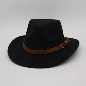Classic black suede fedora hat with a brown leather decorative band and metal buckle