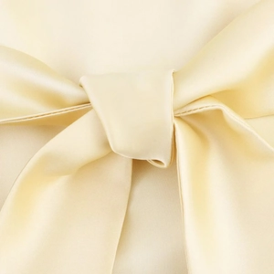 Détail de la robe en satin champagne avec un élégant nœud décoratif dans le dos