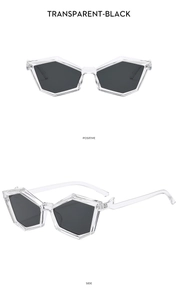 Detailed views of polygon sunglasses with transparent frames and black lenses
