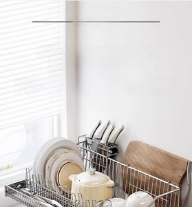 Close-up of 304 stainless steel dish drying rack with knife holder and cutting board stand