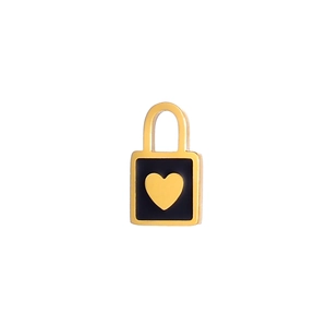 Detail view of square gold and black enamel padlock pendant with heart motif