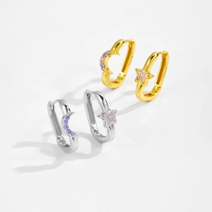Detailed view of S925 silver star and moon hoop earrings with pink and purple zircons
