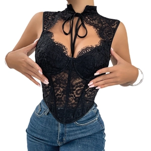 Sexy black lace sheer corset top with boning and halter neck shown with denim
