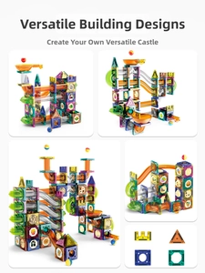 Detailed view of colorful magnetic tiles and tubes building blocks with ball run tracks
