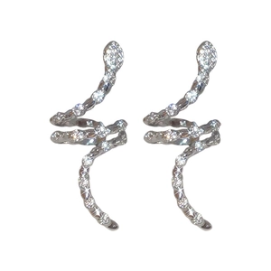 Silver snake wrap stud earrings featuring sparkling cubic zirconia crystals on white background