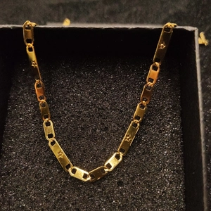 Detailed close-up of an 18K gold-plated stainless steel chain necklace in a black box