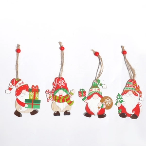 Set of 4 colorful wooden Christmas gnome ornaments with red beads and twine hanging loops
