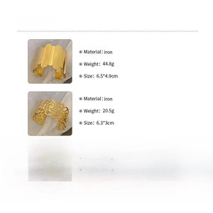 Detailed specifications for gold-tone geometric metal cuff bracelets in two ornate styles