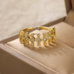 Luxurious gold-tone geometric open ring with micro pearls and sparkling zircon stones