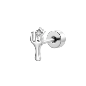 Silver cactus stud earring with tiny zircon stone and flat back design on white background