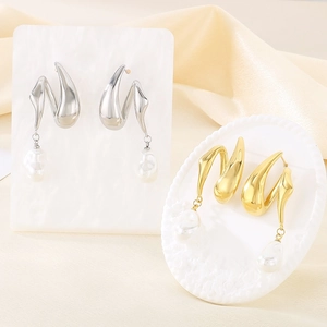 Gold and silver French irregular stainless steel earrings with baroque pearls on silk