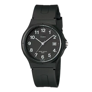 Close-up of black quartz watch with rubber strap, date window and 50M water resistance
