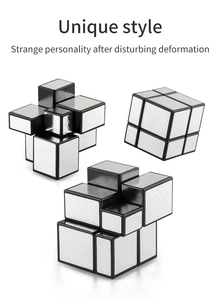 Detailed views of a 3x3 silver mirror cube showing scrambled and solved geometric shapes