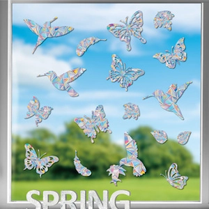 Detailed mosaic hummingbirds and butterflies window stickers with vibrant spring patterns