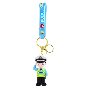 Close-up of cute cartoon police keychain with blue uniform and POLICE strap details