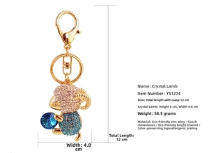 Detail view of crystal sheep keychain with dimensions 12cm total length and 58.5g weight