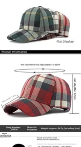Tabla de tallas detallada para gorra de béisbol retro a cuadros con medidas ajuste