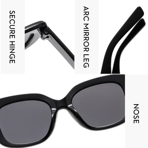Detail view of square black sunglasses showing secure hinge and ergonomic nose pads