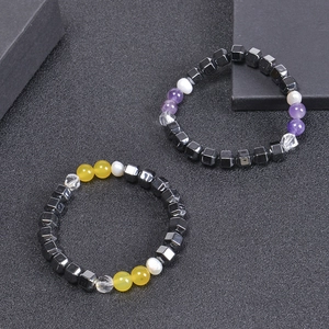 Handmade 8mm crystal agate and freshwater pearl beaded bracelets with black magnetic stones