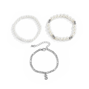 Three-piece bohemian set with faux pearl beads and silver chain with letter S pendant