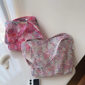 Floral Cotton Canvas Shoulder Bag With Magnetic Buckle Inner Pocket Casual Underarm Handbag For Women Vacation Travel