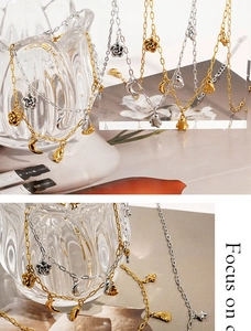 Detailed close-up of stainless steel gold and silver pendants with rose and penguin charms