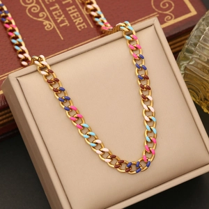 Colorful enamel cuban link chain necklace in gold finish displayed in a jewelry gift box