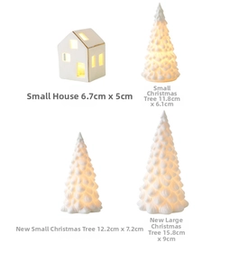 Vierteiliges Set weißer Keramik Weihnachtsbaum und Haus Deko mit warmem LED Licht