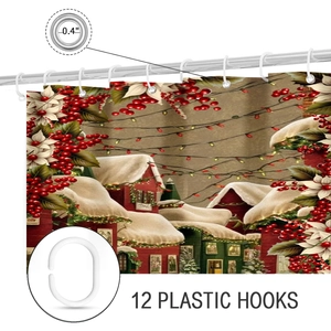 Detail of Christmas shower curtain with metal grommets and twelve white plastic C-hooks