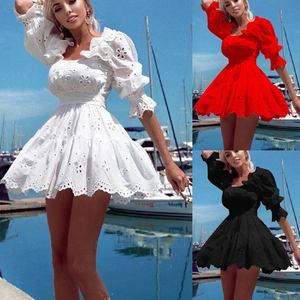 Hollow Out Embroidery Mini Dress Puff Sleeve Square Neck High Waist Solid Color Summer Beach Vacation Style For Women