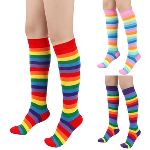 Detailed comparison of three colorful rainbow striped over-the-knee cotton socks sets